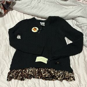 max studio 7/8 black chunky metallic thread sweater animal print hemline nwt